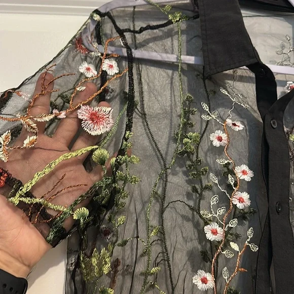 MANFINITY Black Sheer Top with Floral Embroidery - Picture 6 of 8